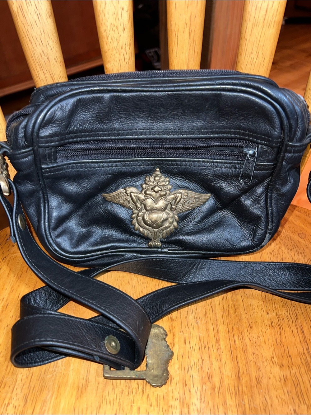 Vintage Black Leather Crossbody Bag with Garuda Brass Emblem India/Indian RARE